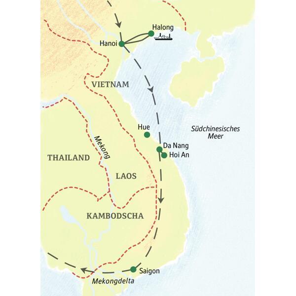Wichtigste Stationen dieser 14-tägigen Familienreise mit Studiosus durch Vietnam: Hanoi, Halongbucht, Hoi An und Saigon.