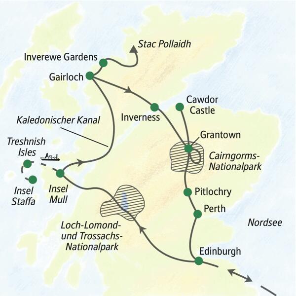 Die Karte zeigt den Verlauf unserer Wanderreise durch die schottischen Highlands: Edinburgh, die Inseln Mull und Staffa, Gairloch und Stac Pollaidh, Inverewe Gardens, Inverness, Cawdor Castle, Cairngorms-Nationalpark.