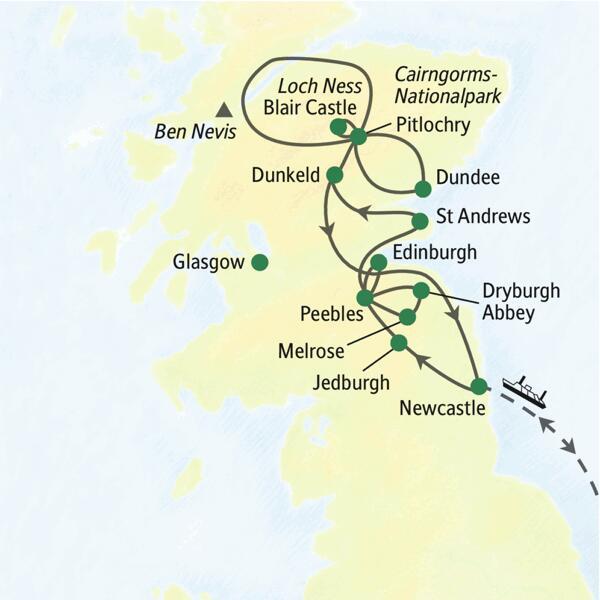 Die Karte zeigt den Verlauf unserer Schottlandreise mit Muße: Newcastle, Jedburgh, Melrose, Peebles, Edinburgh, Dunkeld, Pitlochry, St Andrews, Dryburgh Abbey.