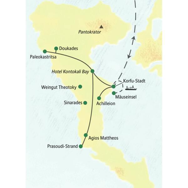 Von unserem erstklassigen Hotel in Kontokali auf Korfu aus lernen wir bei dieser Rundreise unter anderem Korfu-Stadt, das Kloster Theotokou in der Bucht von Paleokastritsa und die Gärten von Schloss Achilleion kennen.
