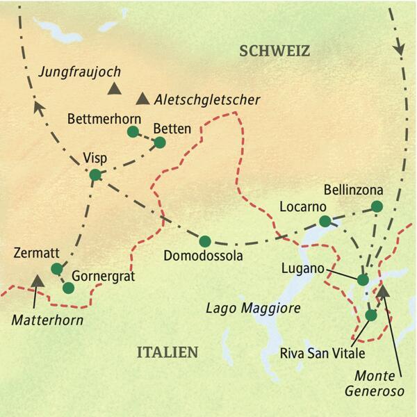 Verlauf der neuntägigen Studienreise "Tessin und Wallis - die Sonnenseite der Schweiz"