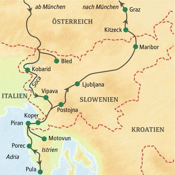 Unsere Reise im Komfortbus druch Slowenien und Istrien führt über Bled und Kobarid in den Julischen Aplen an die Adria nach Piran, nach Pula  und über Postojna, Ljubljana nach Graz.