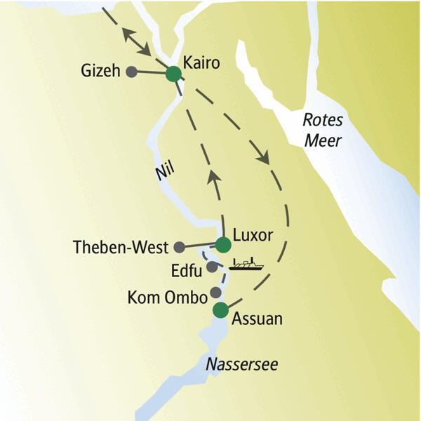 Bei unserer me & more-Reise für Singles und Alleinreisende nach Ägypten präsentieren wir ihnen neben der Hauptstadt Kairo auch Assuan und Luxor. Besonders schön: drei Nächte auf einem Kreuzfahrtschiff auf dem Nil.
