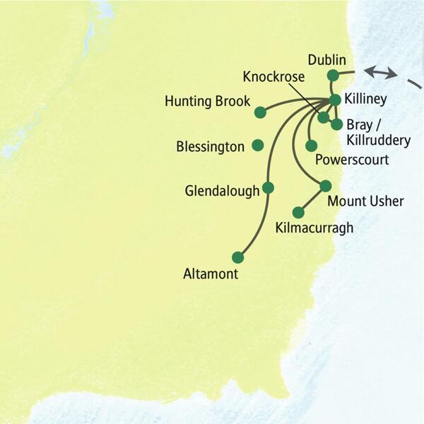Karte der Eventreise Gartenparadiese in Irland: Ausflüge von Killiney nach Dublin, Powerscourt, Glendalough und Altamont.
