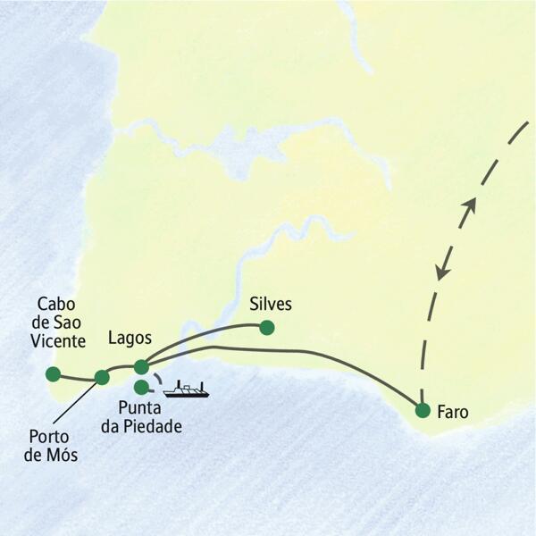 Karte der philosophischen Studienreise an der Algarve mit Route von Faro über Lagos, Silves und zum Cabo de Sao Vicente