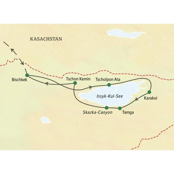 Karte der Eventreise in Kirgisistan: Die geführte Rundreise startet in Bischkek und führt um den Issyk-Kul-See via Karakol.