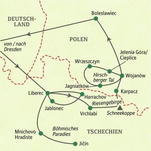 Karte der Studiosus Studienreise Riesengebirge: Route von Dresden über Liberec (Tschechien) und Wojanów (Polen) zurück.