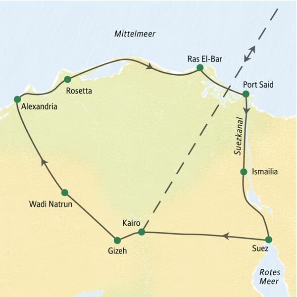 Karte der geführten Rundreise durch Ägyptens Norden: von Kairo über Alexandria, Port Said und entlang des Suezkanals nach Suez.