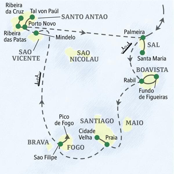 Karte der Studienreise als Kreuzfahrt zu den Kapverden: Route über die Inseln Sal, Boa Vista, Santiago, Fogo und Santo Antao.