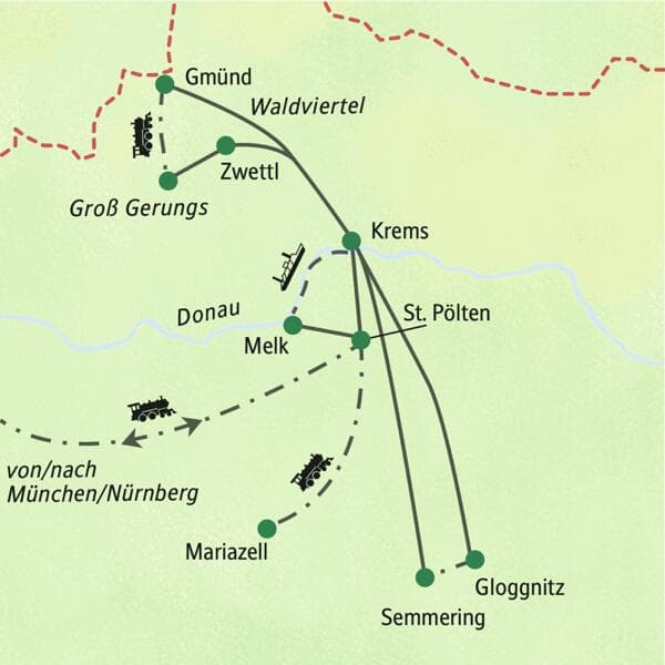 Karte der Studiosus Eventreise durch Österreichs Bahnwelten: Route von Krems nach Melk, Mariazell, ins Waldviertel und zum Semmering.