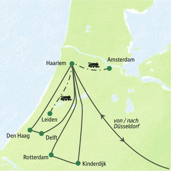 Reisekarte der Studiosus-Studienreise in Holland mit der Route ab Haarlem nach Amsterdam, Leiden, Den Haag und Rotterdam.