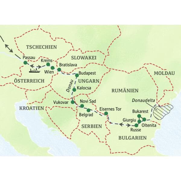 Route unserer Studienreise als Kreuzfahrt auf der Donau von Passau über Wien und Budapest bis zum Donaudelta.