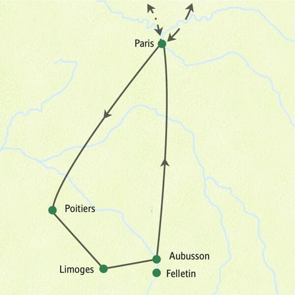 Karte der Studiosus Studienreise in Frankreich von Paris über Poitiers, Limoges und Aubusson wieder zurück nach Paris.