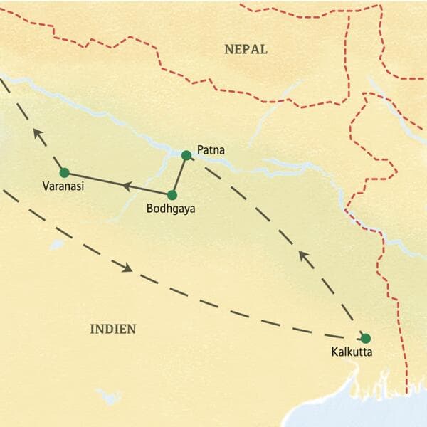 Karte der geführten Studienreise in Indien: Die Route führt von Kolkata über Patna und Bodhgaya nach Varanasi.