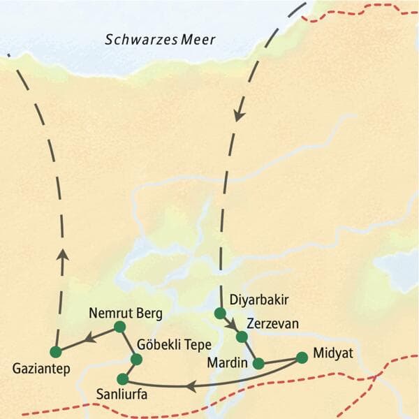 Karte der Studiosus Studienreise in der Südost-Türkei: Route von Diyarbakir über Mardin, Sanliurfa und den Nemrut Berg nach Gaziantep.