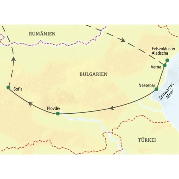 Reiseroute unserer geführten Eventreise in Bulgarien: von Varna am Schwarzen Meer über Nessebar und Plovdiv nach Sofia.
