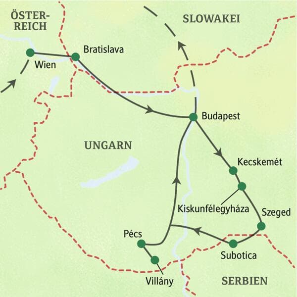 Karte der Studienreise zum Jugendstil in Mitteleuropa. Die Route führt von Wien über Budapest, Szeged, Subotica und Pécs.
