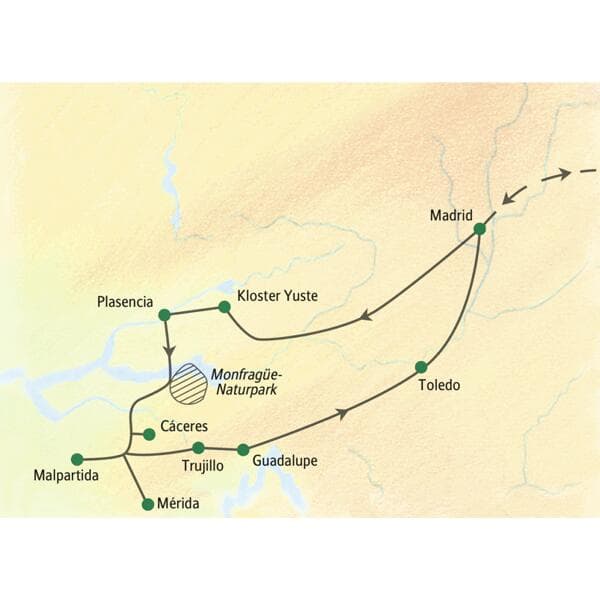 Reiseroute der Studienreise durch die Extremadura: von Madrid über Cáceres, Mérida, Trujillo und Toledo zurück nach Madrid.