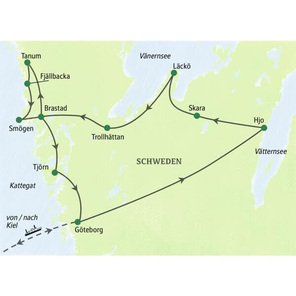 Karte der geführten Studienreise in Schweden ab Göteborg über Hjo, Läckö, Tanum und die Schärenküste zurück nach Göteborg.