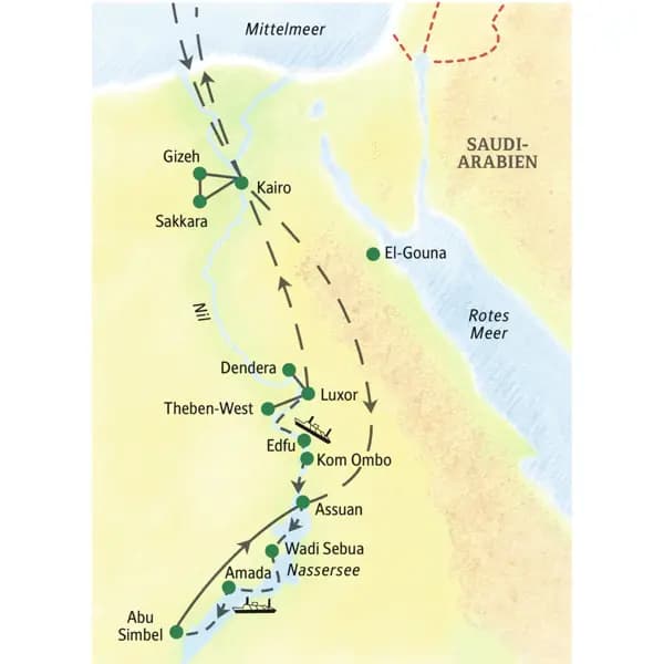 Auf Ihrer 14-tägigen Kreuzfahrt-Studienreise Ägypten - Luxor-Assuan-Nassersee kommen Sie unter anderem nach Luxor, Kom Ombo, Assuan, Abu Simbel, Kairo, Gizeh und Sakkara.