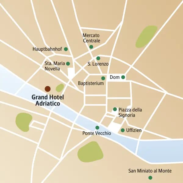 Der Stadtplan von Florenz zeigt den zentralen Standort des Hotels und die wichtigsten Sehenswürdigkeiten, die auf unserer Florenz-Städtereise besichtigt werden.