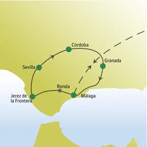 Unsere Silvesterreise mit weltoffenen Singles und Alleinreisenden startet und endet in Málaga und führt über Sevilla, Córdoba und Granada.