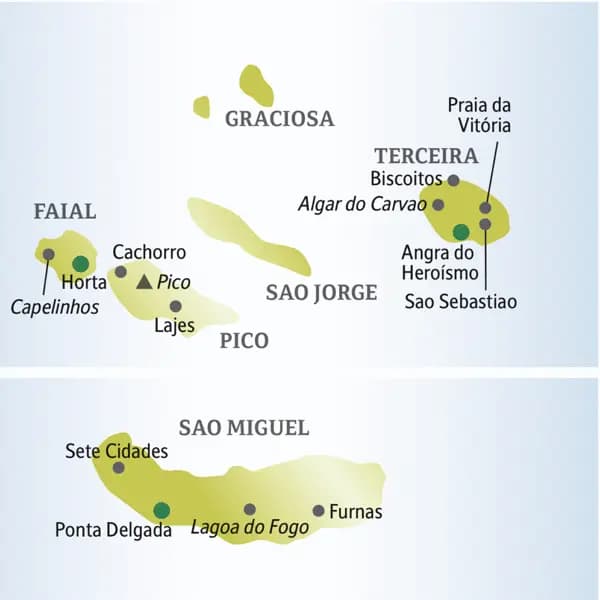 Die Karte zeigt Orte auf den Azoreninseln Sao Miguel, Terceira, Pico und Fayal, die auf unserer Reise für Singles und Alleinreisende besucht werden: Ponta Delgada, Sete Cidades, Furnas, Angra do Heroismo Lajes, Horta.