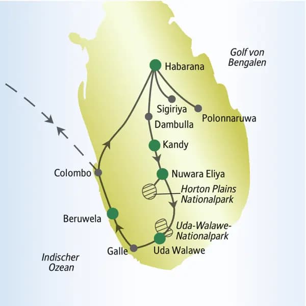Die Karte zeigt den Verlauf unserer Singlereise Sri Lanka: Colombo, Habarana, Sigiriya, Polonnaruwa, Dambulla, Kandy, Nuwara Eliya, Horton Plains Nationalpark, Uda Walawe Nationalpark, Galle, Beruwela.