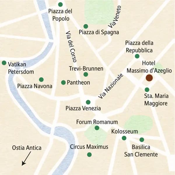 Der Stadtplan von Rom mit den wichtigsten Sehenswürdigkeiten unserer Familien-Studienreise, wie z.B. Forum Romanum, Vatikan, Kolosseum und Pantheon.