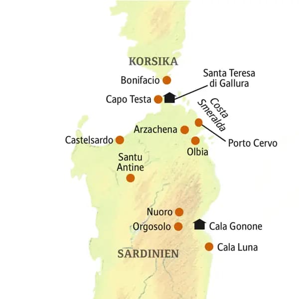 Unsere Rundreise auf Sardinien führt über den Nordteil der Insel, wie z.B. Arzachena, Castelsardo, Santa Teresa di Gallura, Nuoro, Orgosolo und Cala Gonone.