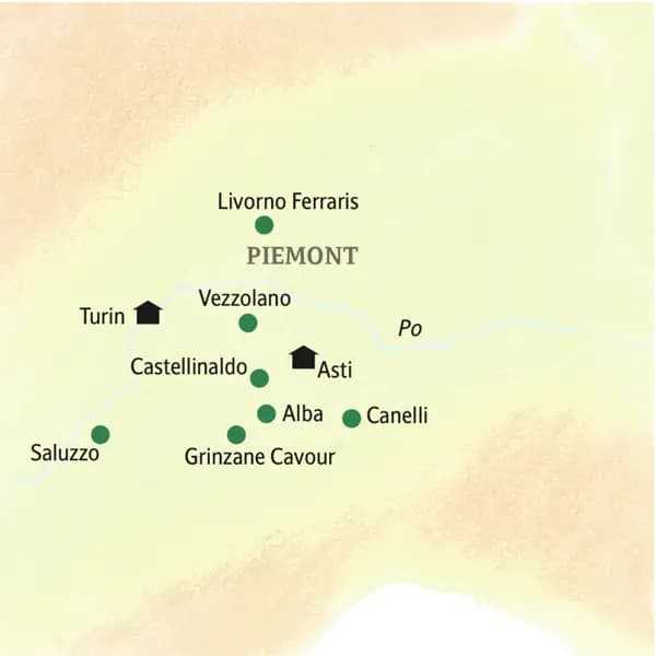 Unsere Reiseroute durch Piemont führt u.a. über Turin, Pollenza, Asti, Alba, Barolo und Saluzzo.