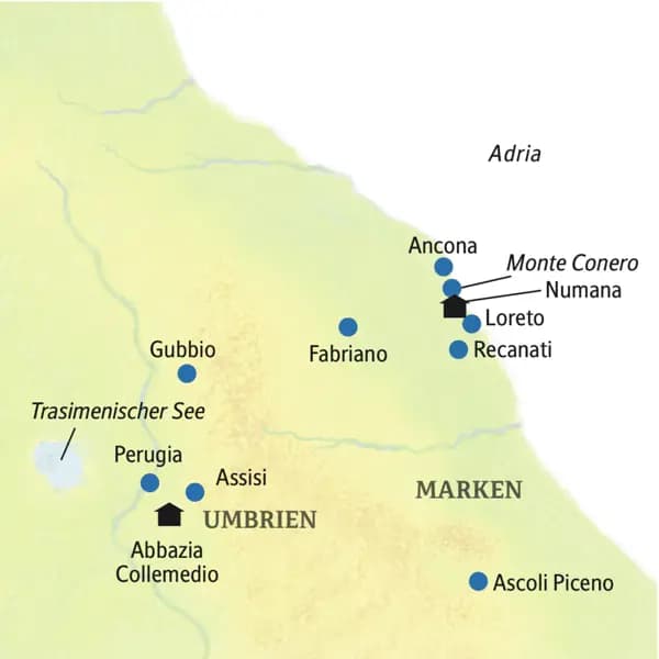 Ausgangspunkt unserer Rundreise durch Umbrien und die Marken ist Numana. Die Route unserer Touren führt über Ancona, Loreto, Perugia, Monticelli und Assisi.