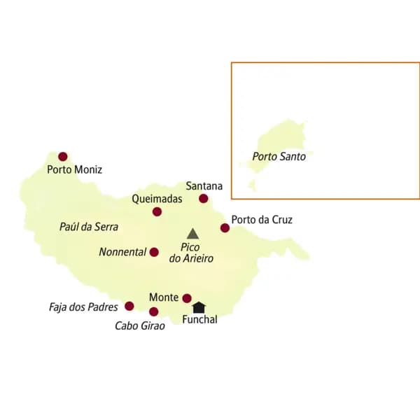 Die Karte zeigt Orte, die auf unserer Madeirareise in kleiner Gruppe besucht werden: Funchal, Cabo Girao, Fajo des Padres, Monte, Porto Moniz, Queimadas, Santana, Porto da Cruz.