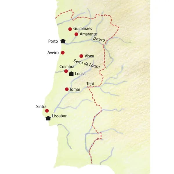 Die Karte zeigt die Übernachtungsorte und Höhepunkte der Portugalreise im Takt des Fados in kleiner Gruppe: Lissabon, Sintra, Tomar, Lousa, Coimbra, Viseu, Aveiro, Amarante und Porto.