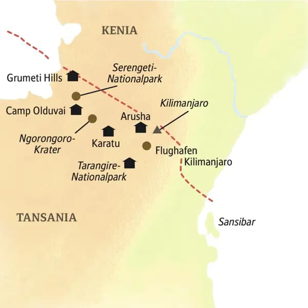 Unsere Standorte auf der smart & small-Rundreise durch Tansania sind Arusha, Karatu, Camp Olduvai und Grumeti Hills. Wir besuchen den Tarangire-Nationalpark, den Ngorongoro-Krater und den Serengeti-Nationalpark.