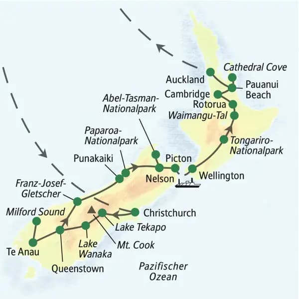 Unsere Wander-Studienreise durch Neuseeland startet in Christchurch und führt über  Wanaka, Queenstown, Wellington und Pauanui Beach bis nach Auckland.