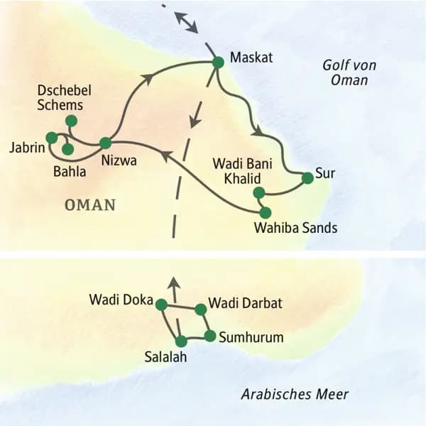In zwölf Tagen auf einer umfassenden Studienreise den Oman erleben, davon sechs Tage Fahrt mit Geländewagen durch das Bergland und die Wüste, mit Abstecher nach Salalah im Weihrauchland Dhofar.