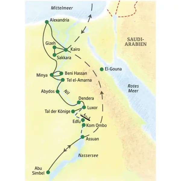 Die Route unserer Studienreise durch Ägypten führt am Nil entlang von Kairo über Luxor nach Assuan. Wir sehen auch Abu Simbel.