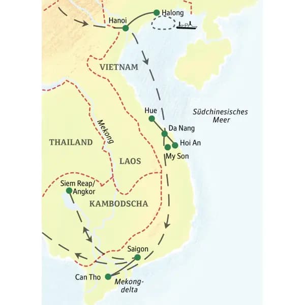 Wichtigste Stationen dieser Studienreise durch Vietnam und Kambodscha: Hanoi, Halongbucht, Hue, Hoi An, Saigon und Angkor Wat.