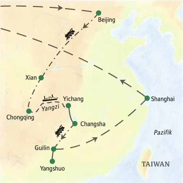 Die Route dieser zweiwöchigen Studienreise durch China führt von Beijing über Xian und von Chongqing auf dem Yangzi flussabwärts und anschließend über Changsha und Guilin nach Shanghai.