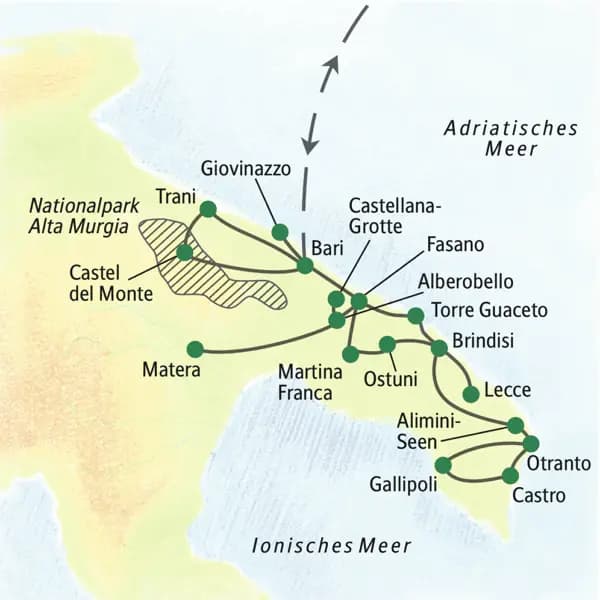 Reisekarte der Wanderreise Apulien - aktiv erleben mit allen wichtigen Orten der Reise, wie z.B. Fasano, Alberobello, Castel del Monte, Trani, Bari, Lecce, Otranto und Gallipoli.