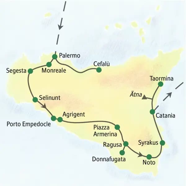 Die wichrtigsten Stationen unserer Studienreise auf die Insel Sizilienas: Palermo, Selinunt, Agrigent, Noto, Syrakus, Catania, Taormina