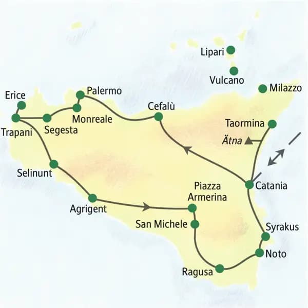 Unsere Reiseroute auf Sizilien führt von Catania über Cefalù nach Palermo. Weitere Stationen der Reise sind Trapani, Selinunt, Agrigent, San Michele, Syrakus und Taormina.