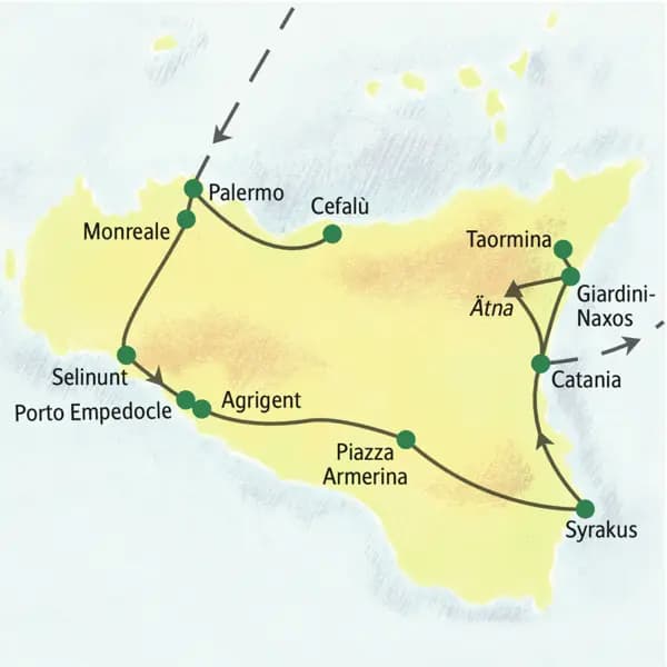 Unsere Reiseroute auf Sizilienführt von Palermo über Monreale, Selinunt, Agrigent, Syrakus, Taormina bis nach Catania.