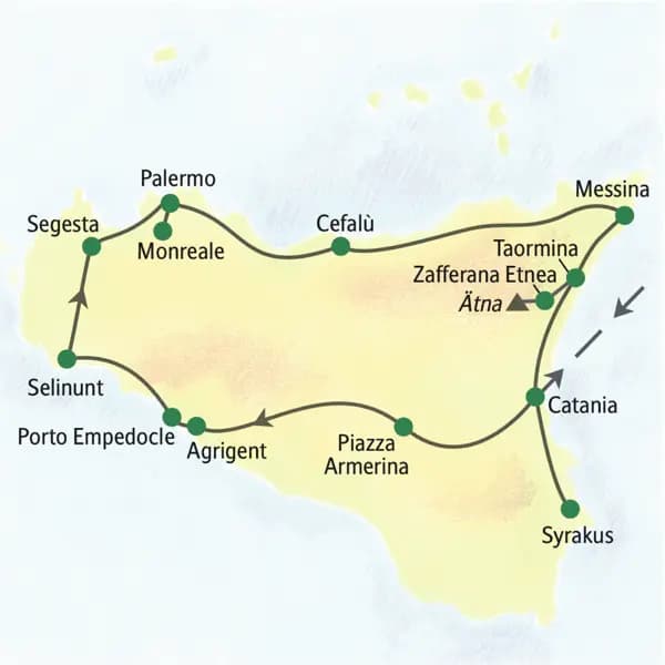 Stationen dieser Studiosus-Reise nach Sizilien sind Palermo, Monreale, Cefalù, Agrigent, Selinunt, Taormina, Syrakus, Catania, Villa Casale und der Ätna