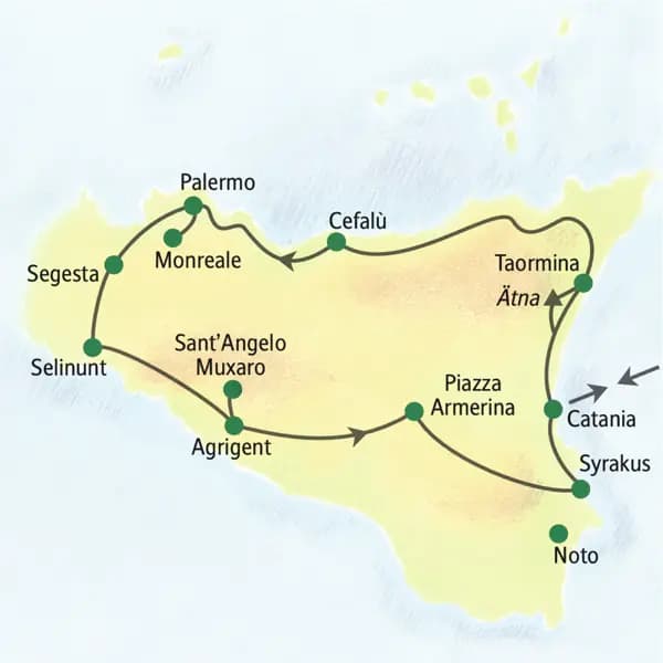 Unsere Reiseroute durch Sizilien startet in Catania und führt über Cefalù, Palermo, Segesta, Selinunt, Agrigant und Syrakus zurück zum Ausgangspunkt. Auch zum Ätna und nach Taormina bringt uns unser bequemer Reisebus während unserer Studienreise mit Muße.