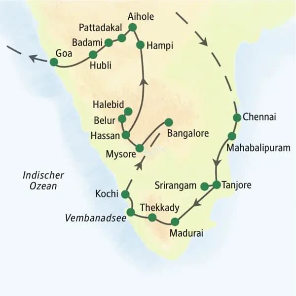 Reiseroute der umfassenden Studienreise durch Südindien: Nach Ankunft in Chennai Fahrt nach Mahabalipuram. Von dort Richtung Süden nach Tanjore, Srirangam, Madurai, dann durch Kerala von Thekkady über den Vembanadsee nach Kochi, im Anschluss durch Karnataka, Mysore, Chikmagalur, Hampi und Badami nach Goa.