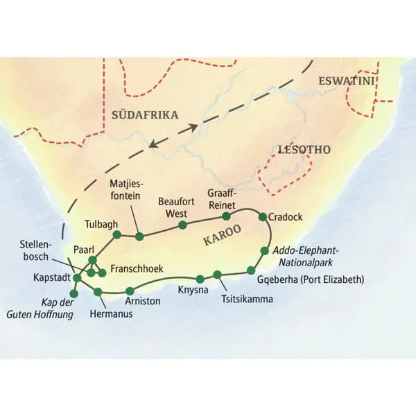Unsere Reiseroute durch Südafrika startet in Kapstadt und führt über Paarl, Beaufort West, Graaf-Reinet, Cradock, Knysna und Arniston zurück nach Kapstadt. Auch den Addo-Elephant-Nationalpark erleben wir auf dieser Studienreise.