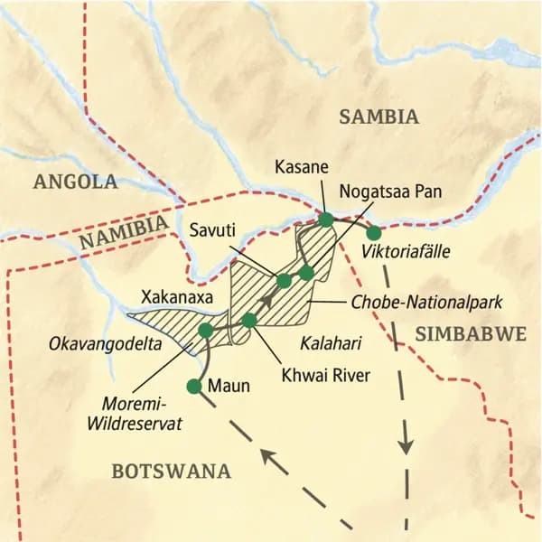 Unsere Studienreise beginnt Maun, führt von Camp zu Camp auf Safari durch Botswana mit Chobe-Nationalpark. Grandioses Finale dieser Rundreise sind die Viktoriafälle.