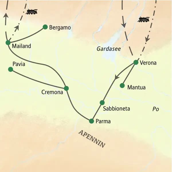 Unsere Reise in die Lombardei führt von Verona über Mantua, Parma, Cremona und Bergamo bis nach Mailand.